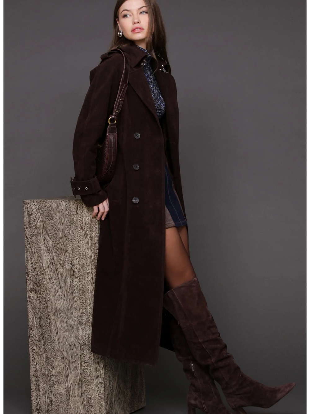 Double Breasted Faux Suede Trench Coat